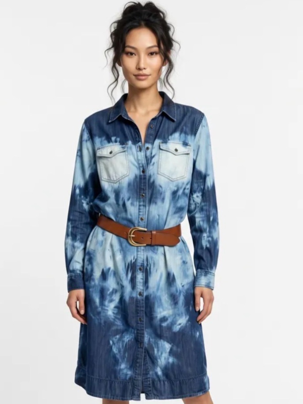 LOFT Bleach Washed Denim Shirt Dress Long sleeves Button down Collar Midi Tunic - Picture 14 of 14